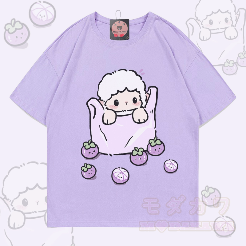 Sheep Blueberry Graphic Modakawa 100% Cotton T-shirt - Light Purple - 5XL - image 1