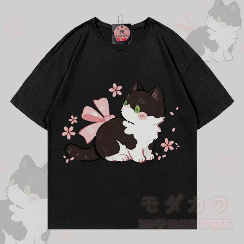 Cat Graphic Modakawa 100% Cotton T-shirt - Black - 5XL - image 3