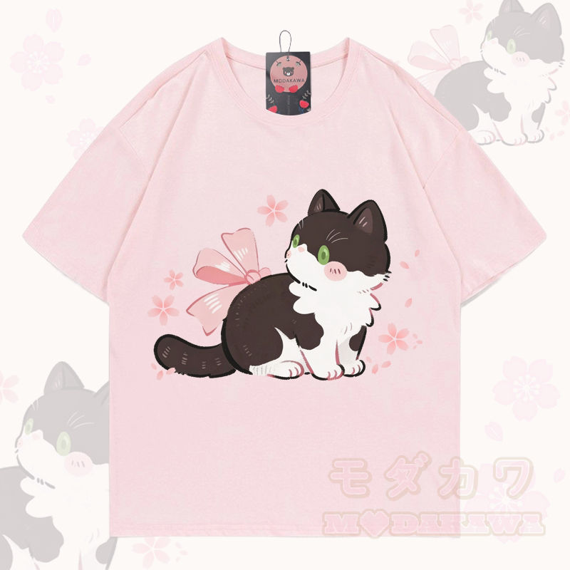 Cat Graphic Modakawa 100% Cotton T-shirt - Light Pink - 5XL - image 1