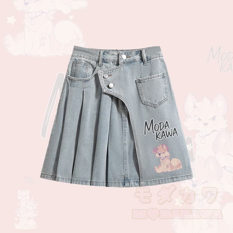 MODAKAWA X popipeko Puppy Graphic Oversized Button Up Shirt Irregular Denim Pleated Skirt Matching Outfit - Blue Skirt - XL - image 3