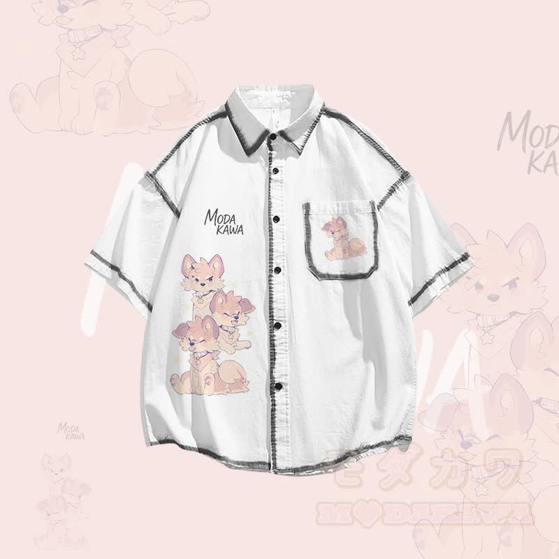 MODAKAWA X popipeko Puppy Graphic Oversized Button Up Shirt Irregular Denim Pleated Skirt Matching Outfit - White Shirt - XL - image 2