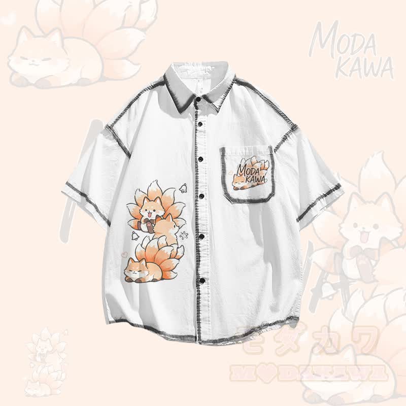 Nine Tailed Fox Graphic Oversized Button Up Shirt Irregular Denim Pleated Skirt Modakawa Matching Outfit - White Shirt - XL - image 2