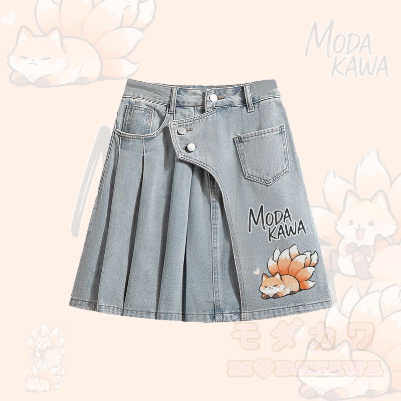 Nine Tailed Fox Graphic Oversized Button Up Shirt Irregular Denim Pleated Skirt Modakawa Matching Outfit - Blue Skirt - XL - image 3