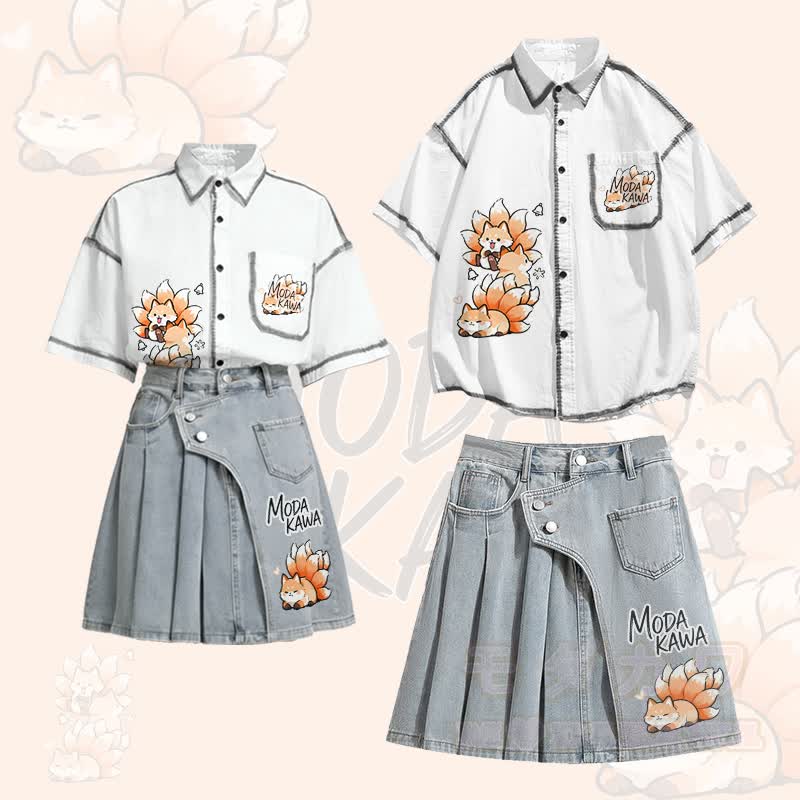 Nine Tailed Fox Graphic Oversized Button Up Shirt Irregular Denim Pleated Skirt Modakawa Matching Outfit - Set - XL - image 1