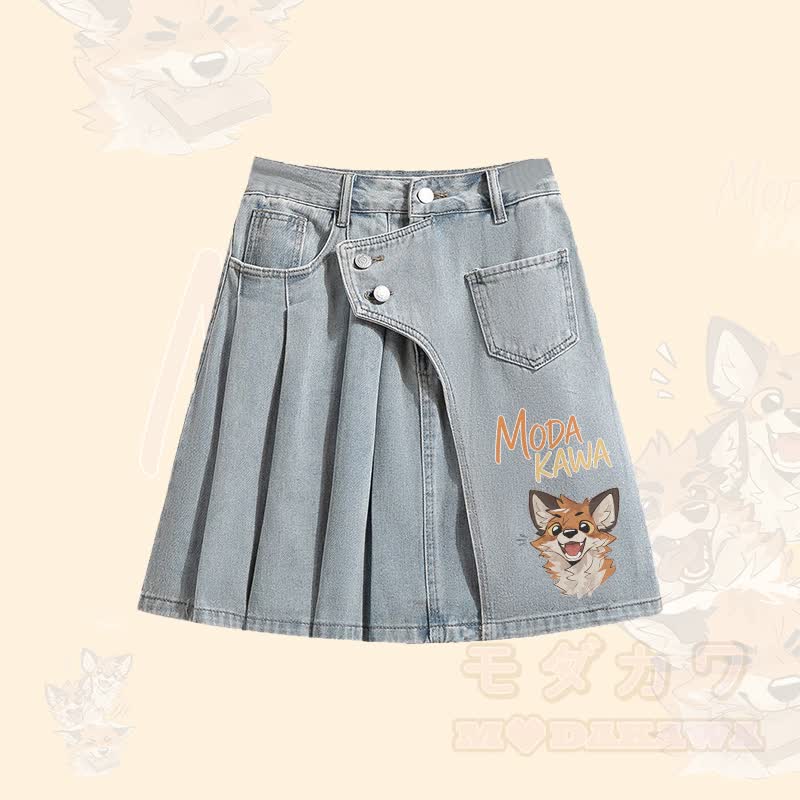 MODAKAWA X atka Fox Graphic Oversized Button Up Shirt Irregular Denim Pleated Skirt Matching Outfit - Blue Skirt - XL - image 3