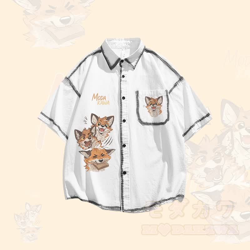 MODAKAWA X atka Fox Graphic Oversized Button Up Shirt Irregular Denim Pleated Skirt Matching Outfit - White Shirt - XL - image 2