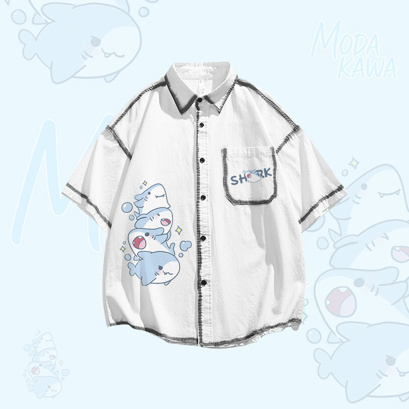 Shark Graphic Oversized Button Up Shirt Irregular Denim Pleated Skirt Modakawa Matching Outfit - White Shirt - XL - image 2