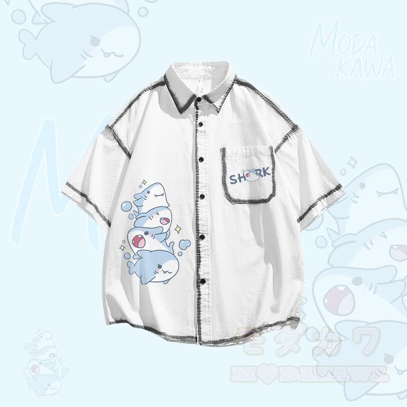 Shark Graphic Oversized Button Up Shirt Irregular Denim Pleated Skirt Modakawa Matching Outfit - White Shirt - XL - image 2