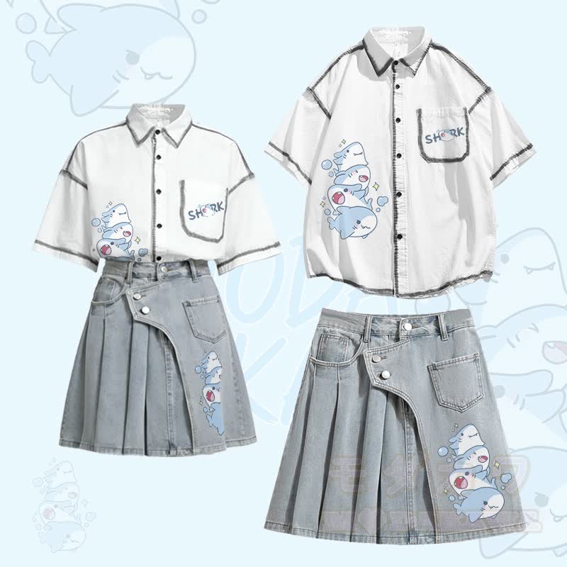 Shark Graphic Oversized Button Up Shirt Irregular Denim Pleated Skirt Modakawa Matching Outfit - Set - XL - image 1