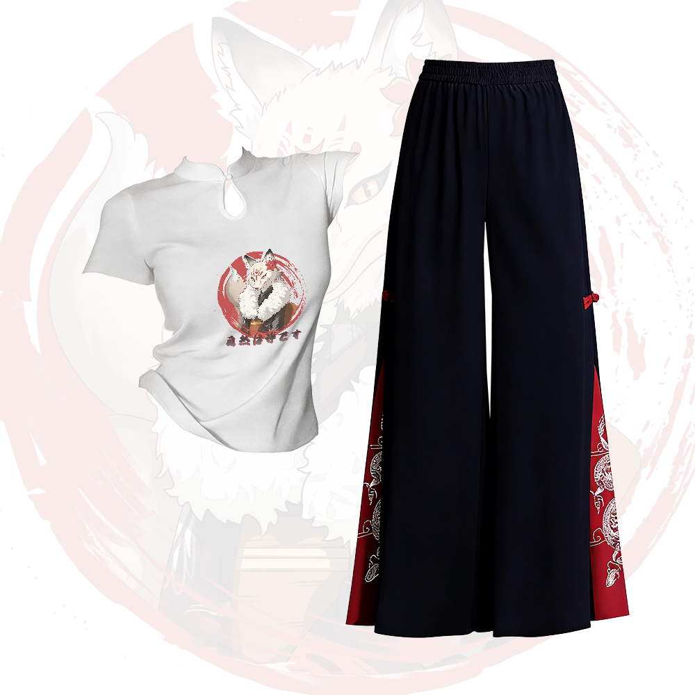 Fox Graphic Buckle T-shirt Embroidered Ethnic Wide-Leg Pants Modakawa Two Pieces Set - Set A - L - image 1