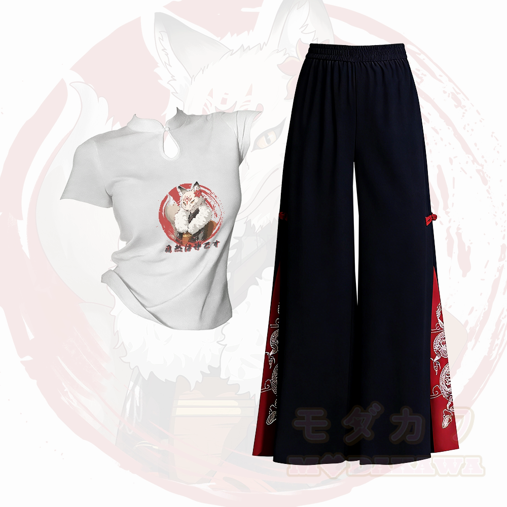 Fox Graphic Buckle T-shirt Embroidered Ethnic Wide-Leg Pants Modakawa Two Pieces Set - Set A - L - image 1