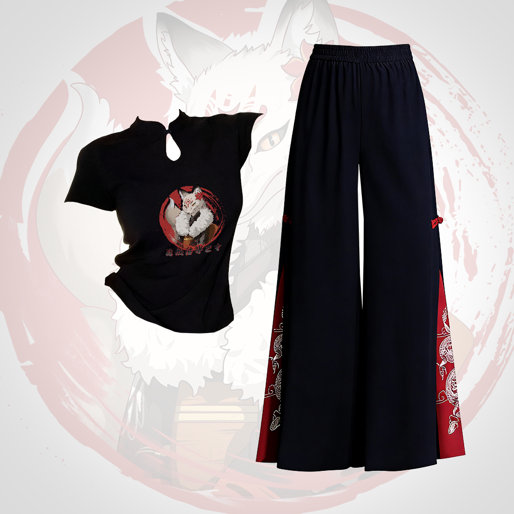 Fox Graphic Buckle T-shirt Embroidered Ethnic Wide-Leg Pants Modakawa Two Pieces Set - Set B - L - image 2