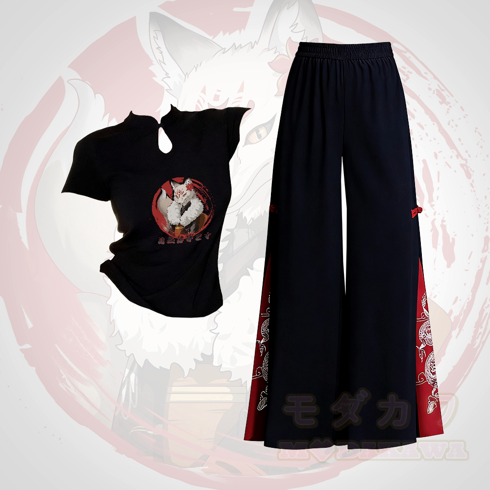 Fox Graphic Buckle T-shirt Embroidered Ethnic Wide-Leg Pants Modakawa Two Pieces Set - Set B - L - image 2