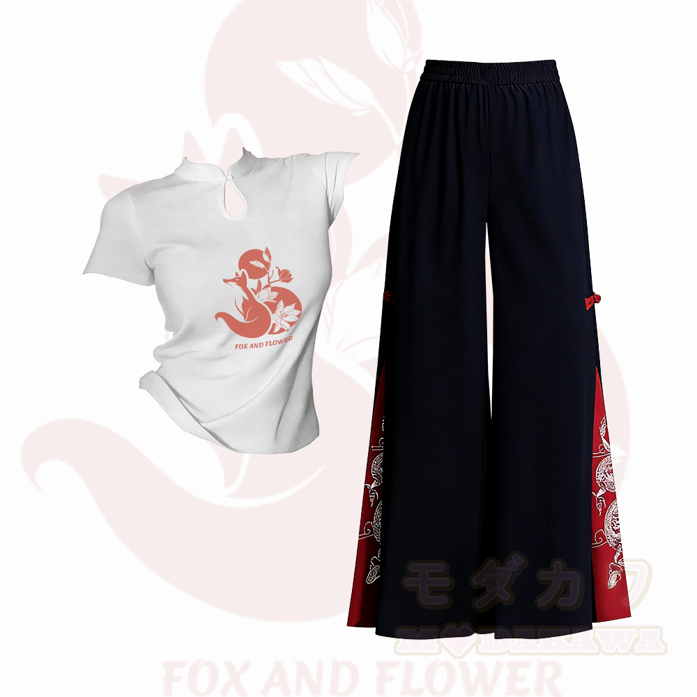 Fox Graphic Buckle T-shirt Embroidered Ethnic Wide-Leg Pants Modakawa Two Pieces Set - Set B - L - image 2