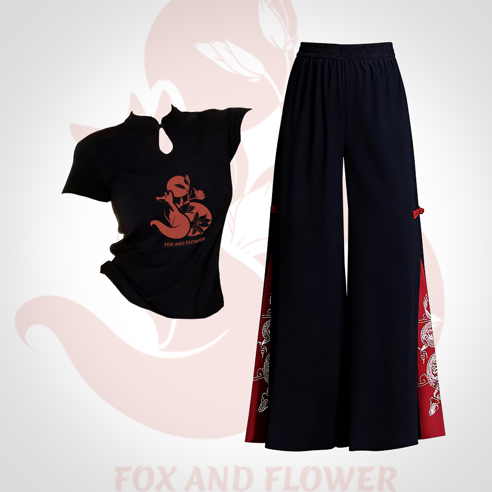 Fox Graphic Buckle T-shirt Embroidered Ethnic Wide-Leg Pants Modakawa Two Pieces Set - Set A - L - image 1
