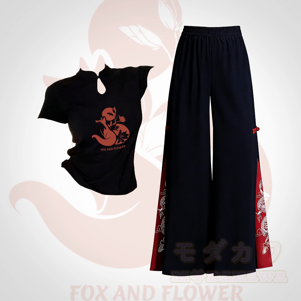 Fox Graphic Buckle T-shirt Embroidered Ethnic Wide-Leg Pants Modakawa Two Pieces Set - Set A - L - image 1