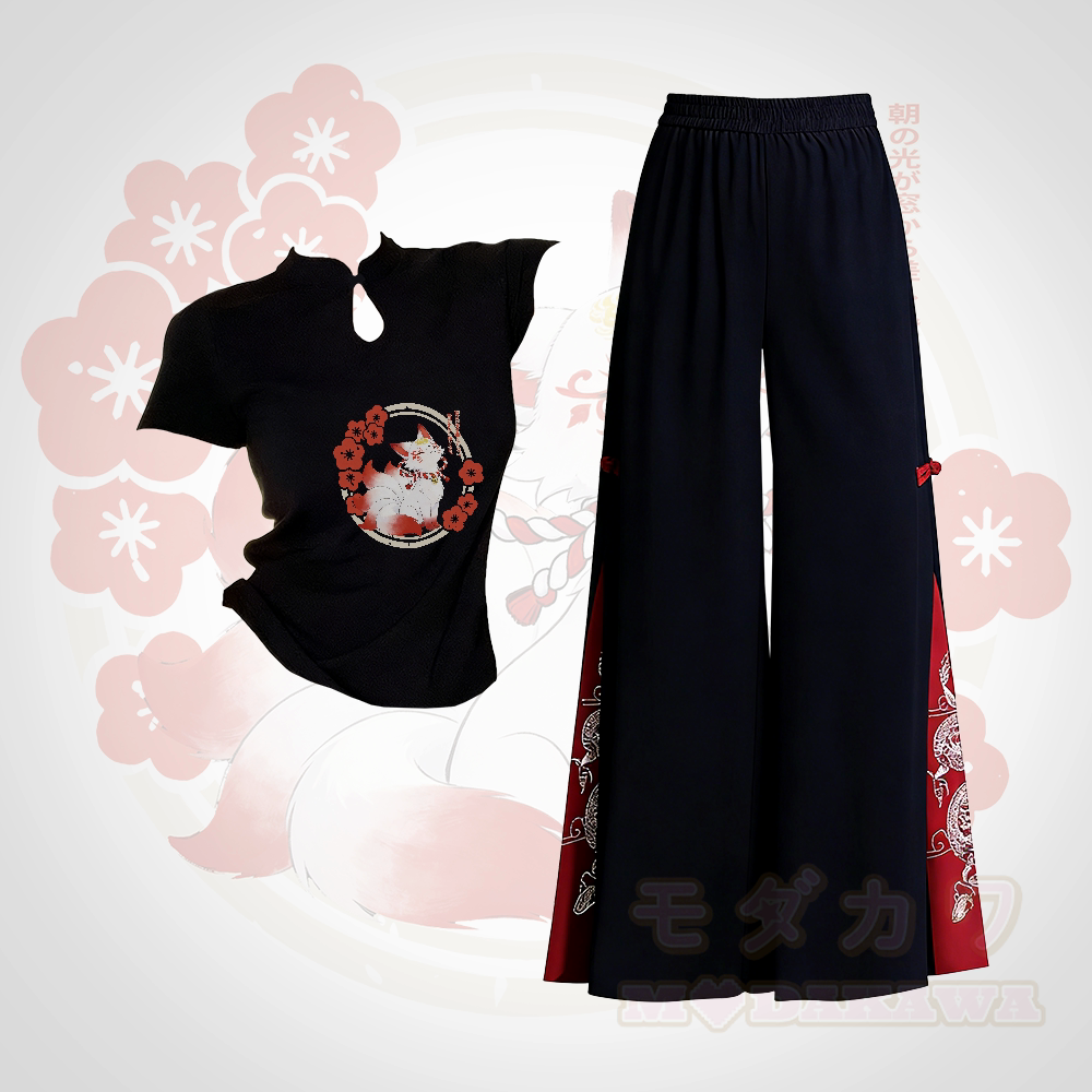 Nine Tailed Fox Graphic Buckle T-shirt Embroidered Ethnic Wide-Leg Pants Modakawa Two Pieces Set - Set B - L - image 2