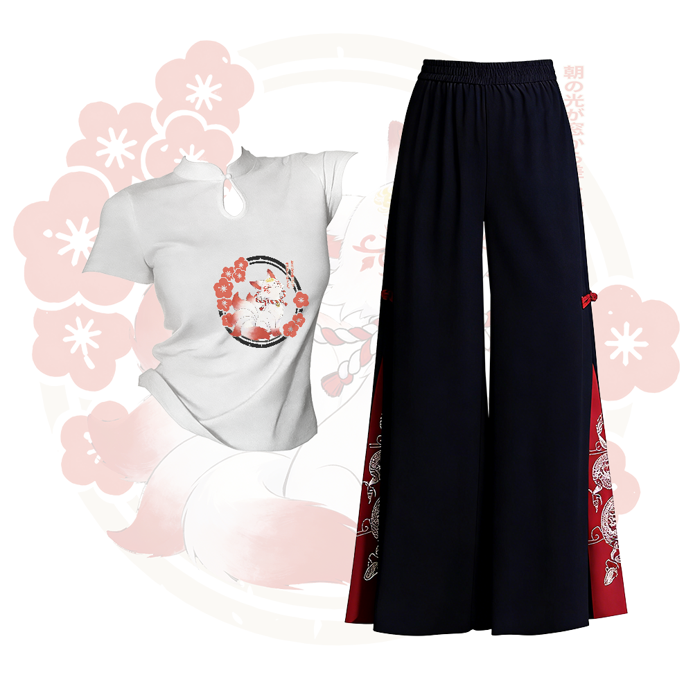 Nine Tailed Fox Graphic Buckle T-shirt Embroidered Ethnic Wide-Leg Pants Modakawa Two Pieces Set - Set A - L - image 1