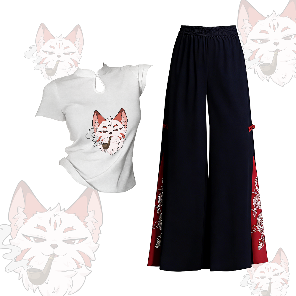 Smoking Fox Graphic Buckle T-shirt Embroidered Ethnic Wide-Leg Pants Modakawa Two Pieces Set - Set B - L - image 2