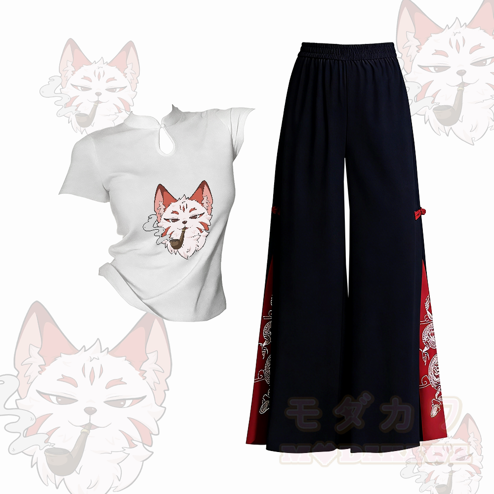 Smoking Fox Graphic Buckle T-shirt Embroidered Ethnic Wide-Leg Pants Modakawa Two Pieces Set - Set B - L - image 2