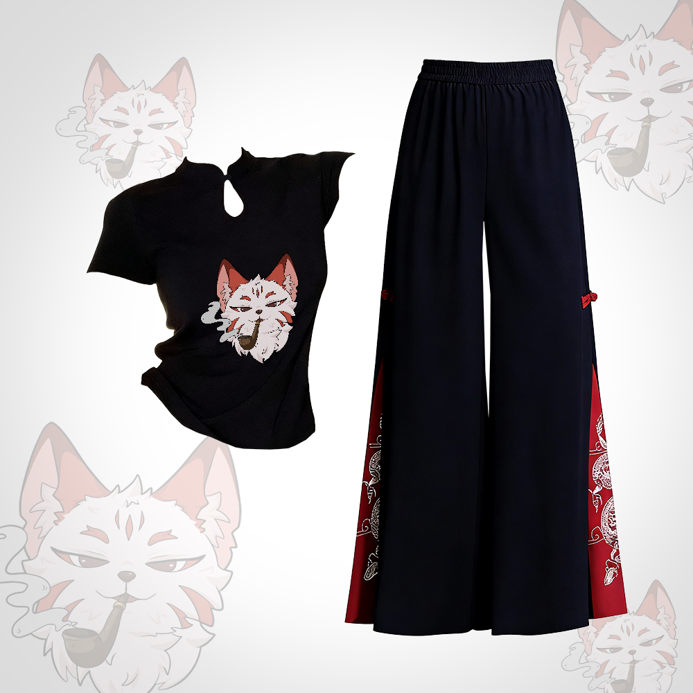 Smoking Fox Graphic Buckle T-shirt Embroidered Ethnic Wide-Leg Pants Modakawa Two Pieces Set - Set A - L - image 1