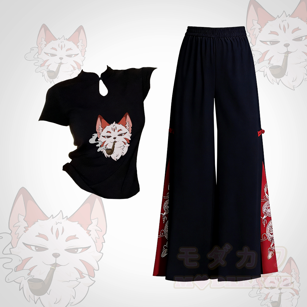Smoking Fox Graphic Buckle T-shirt Embroidered Ethnic Wide-Leg Pants Modakawa Two Pieces Set - Set A - L - image 1