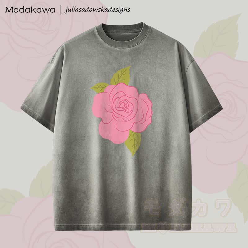 MODAKAWA X juliasadowskadesigns Rose Graphic Unisex Dopamine Vintage Washed T-Shirt - Grey - 2XL - image 2