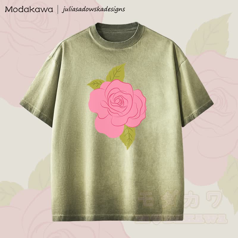 MODAKAWA X juliasadowskadesigns Rose Graphic Unisex Dopamine Vintage Washed T-Shirt - Green - 2XL - image 4
