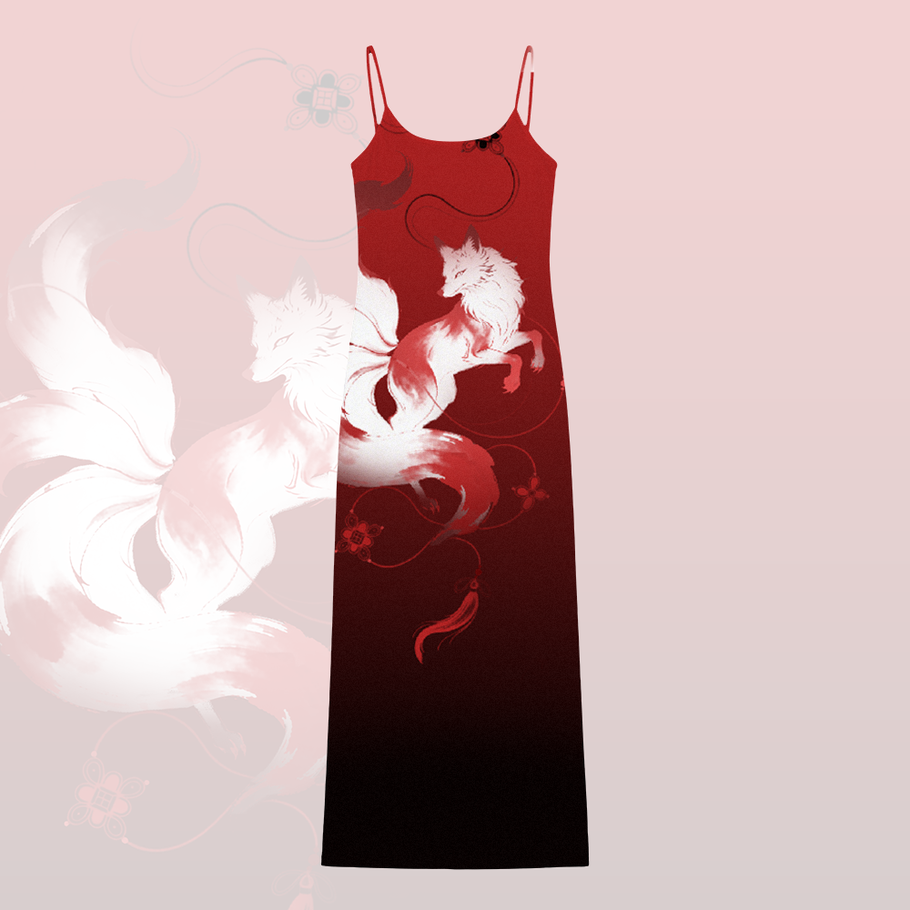 Nine Tail Fox Graphic Modakawa Gradient Slip Dress - Red B - 5XL - image 3