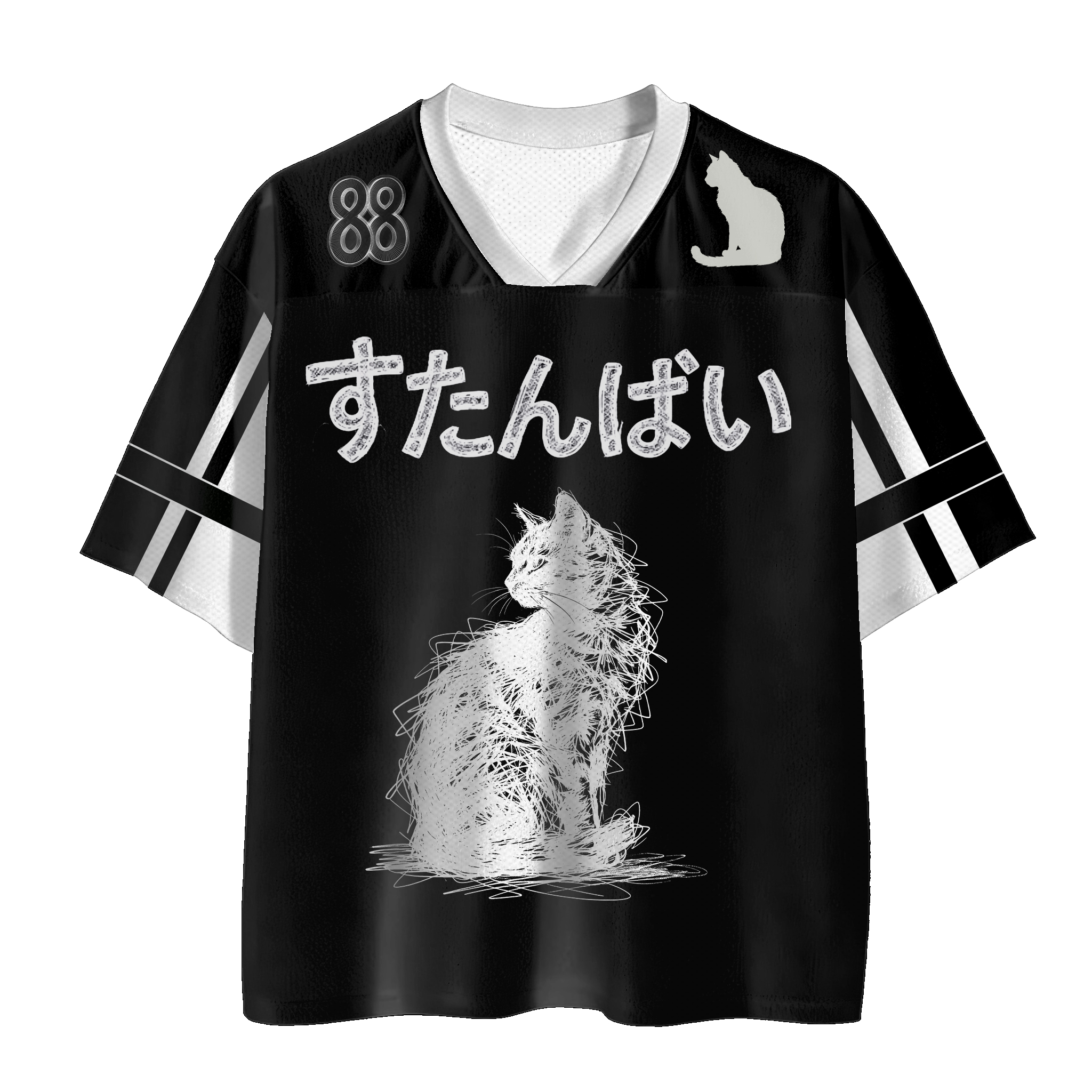 Black Cat Number Graphic Modakawa Vintage Mesh Jersey T-shirt - Black - 4XL - image 2