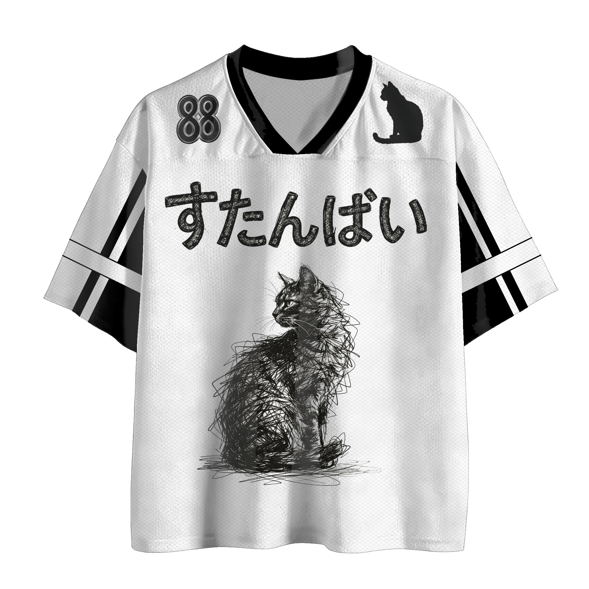 Black Cat Number Graphic Modakawa Vintage Mesh Jersey T-shirt - White - 4XL - image 1