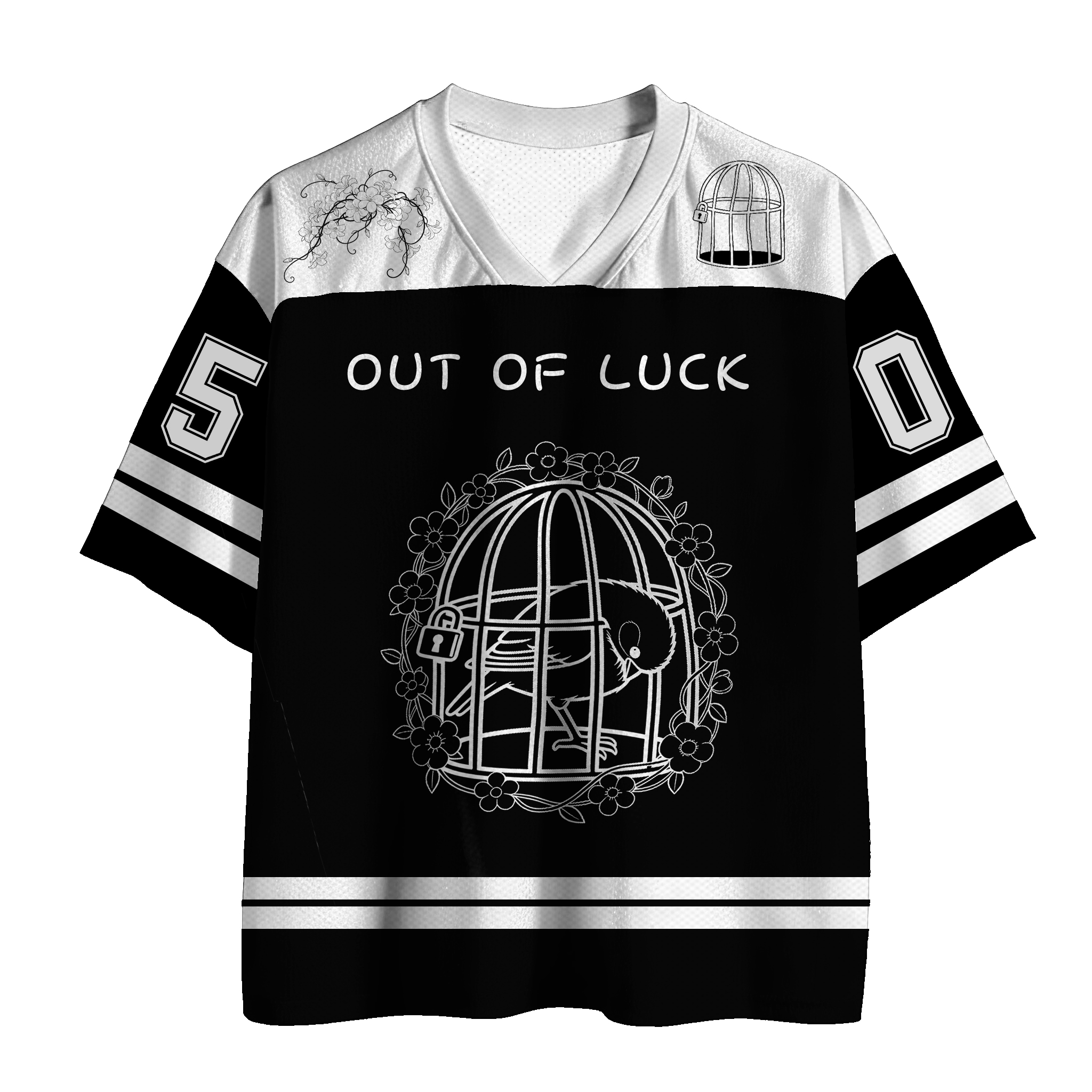 OUT OF LUCK Bird Cage Number Graphic Modakawa Vintage Mesh Jersey T-shirt - Black - 5XLS - image 1