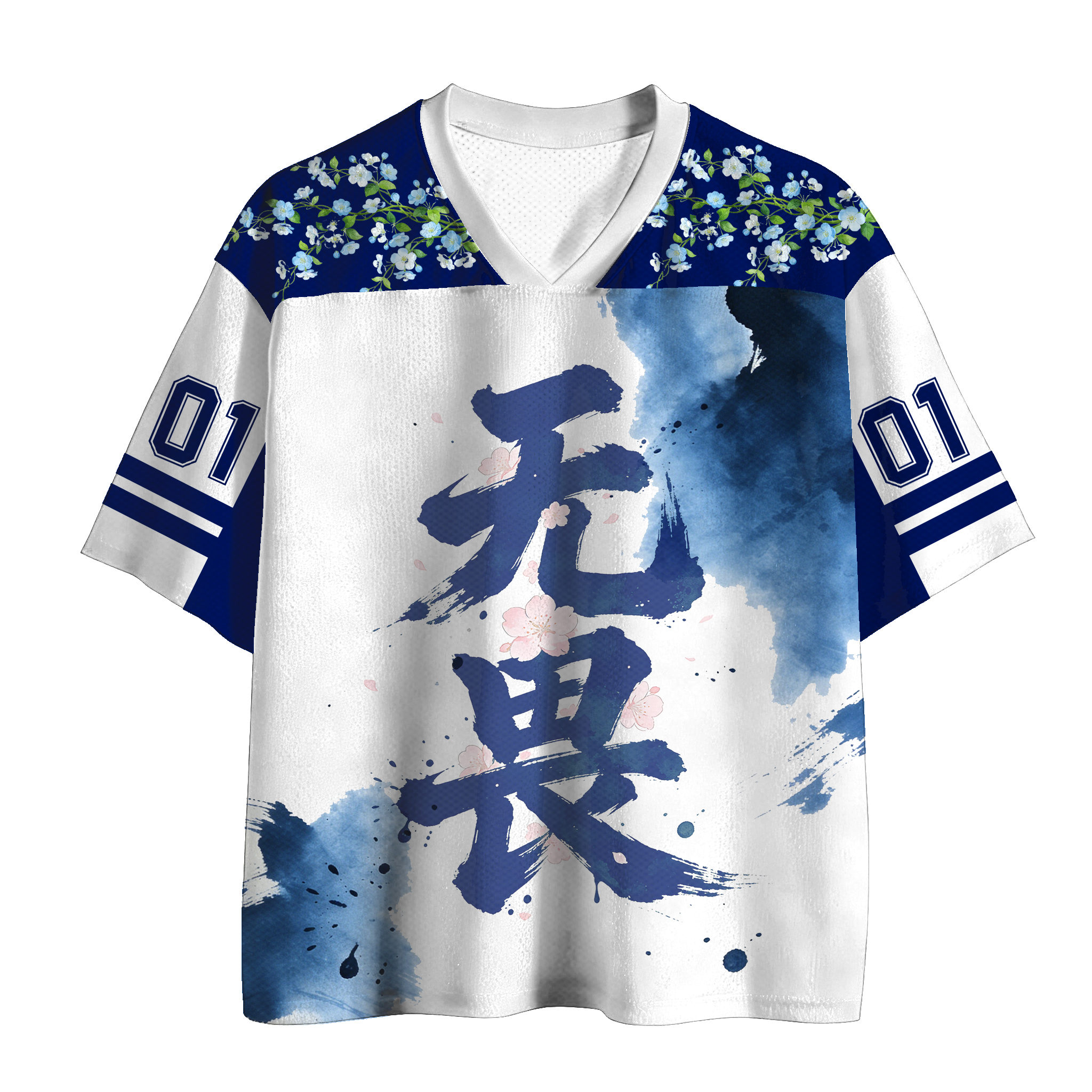  TOKYO Flowers Ink Number Graphic Modakawa Vintage Mesh Jersey T-shirt - Blue - 4XL - image 1
