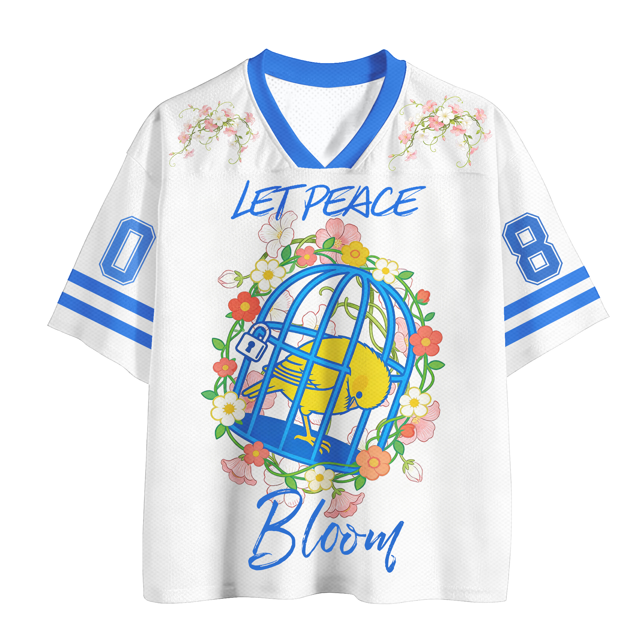 LET PEACE BLOOM Bird Cage Number Graphic Modakawa Vintage Mesh Jersey T-shirt - White - 4XL - image 1