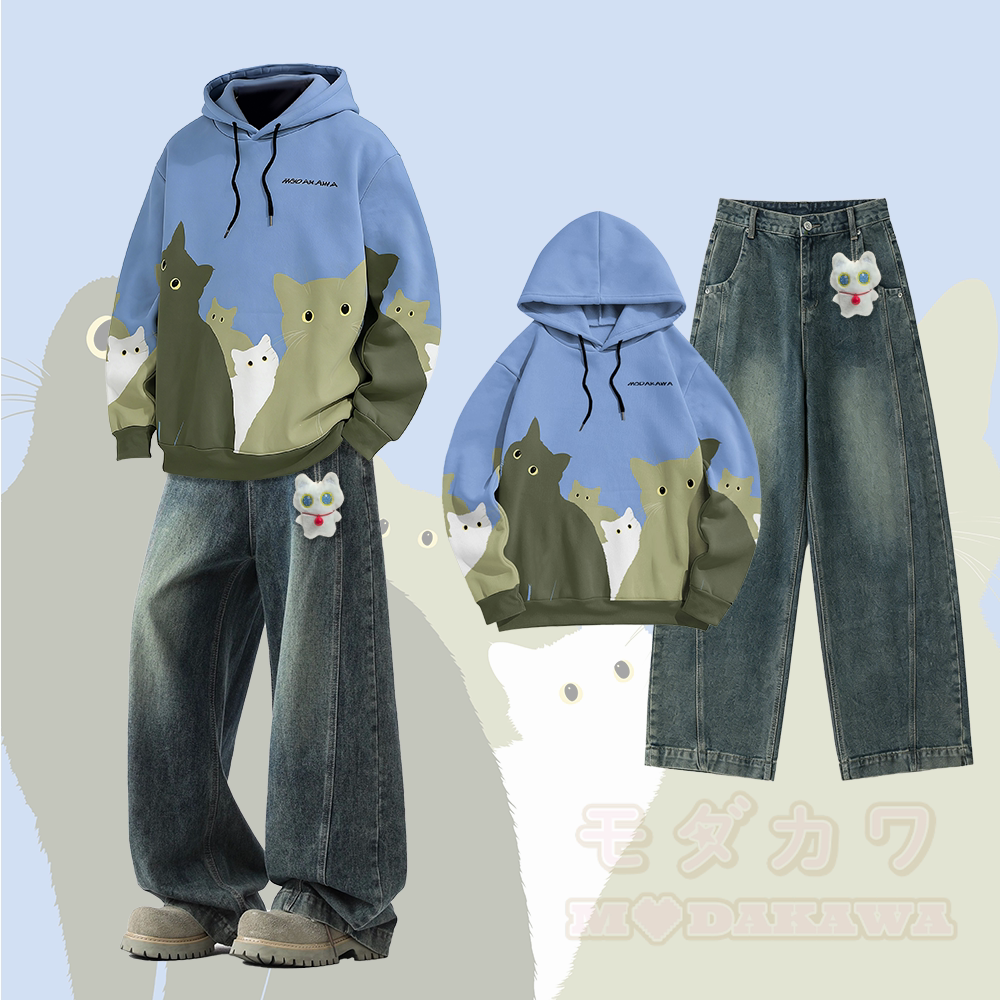 Cat Graphic All Over Print Pullover Hoodie Vintage Washed Denim Pants Modakawa Two Pieces Set - Set - 3XL - image 1