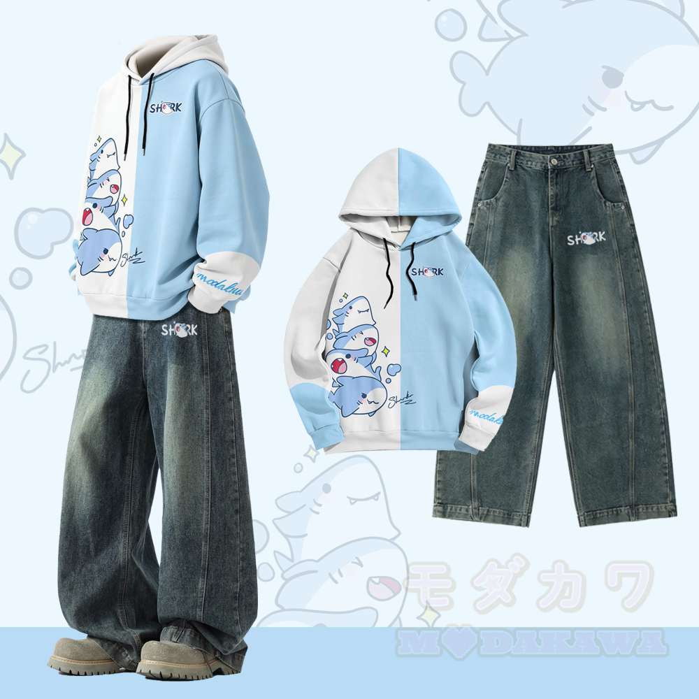 Shark Graphic All Over Print Pullover Hoodie Vintage Washed Denim Pants Modakawa Two Pieces Set - Set B - 3XL - image 2