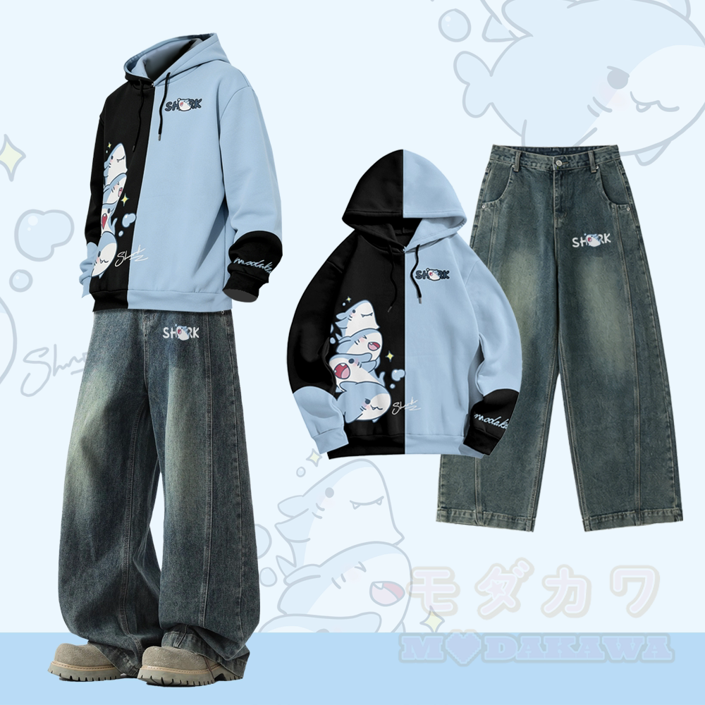 Shark Graphic All Over Print Pullover Hoodie Vintage Washed Denim Pants Modakawa Two Pieces Set - Set A - 3XL - image 1