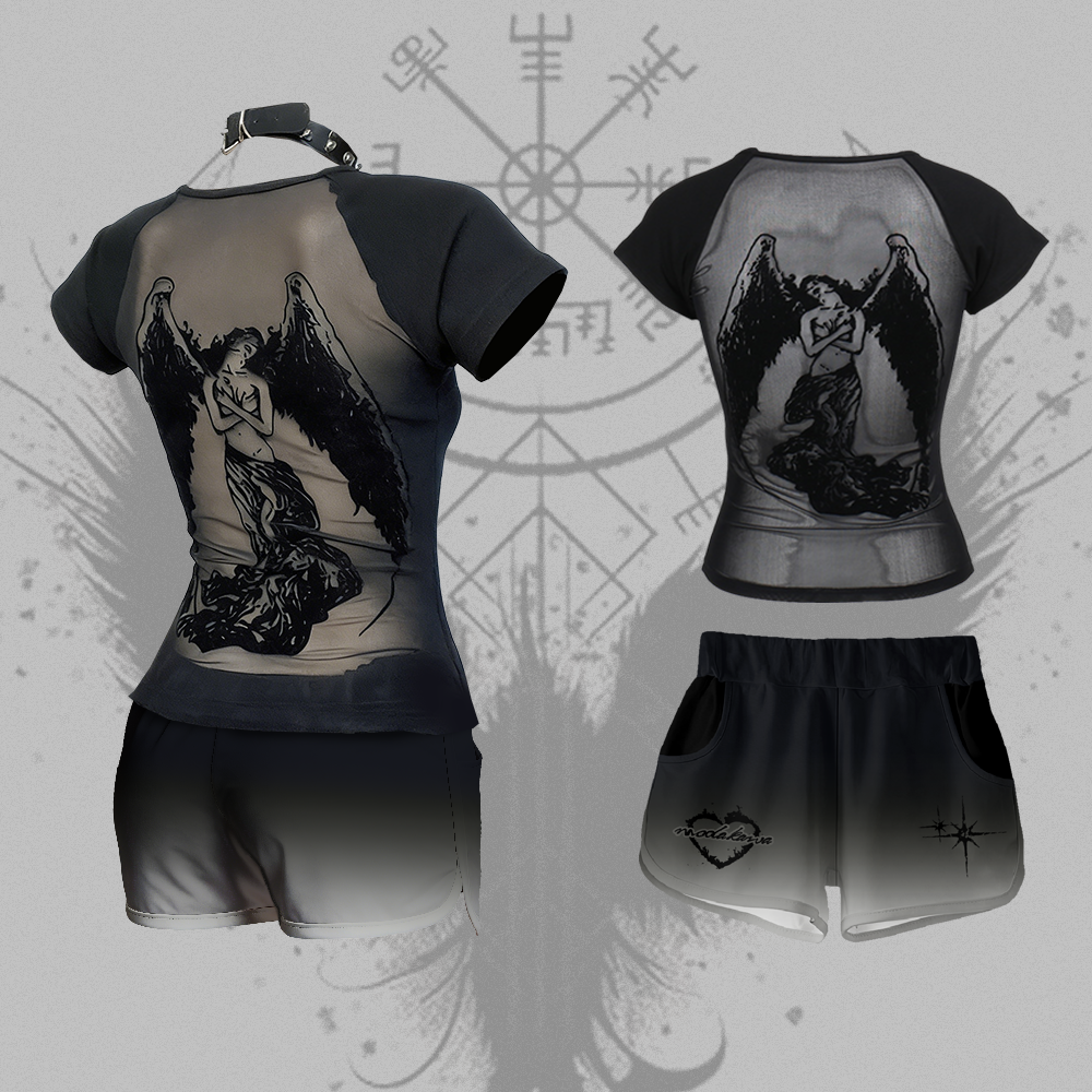 Darkness Angel Print Mesh Short Sleeve Crop Top Shorts Modakawa Two Pieces Set - Black - L - image 1