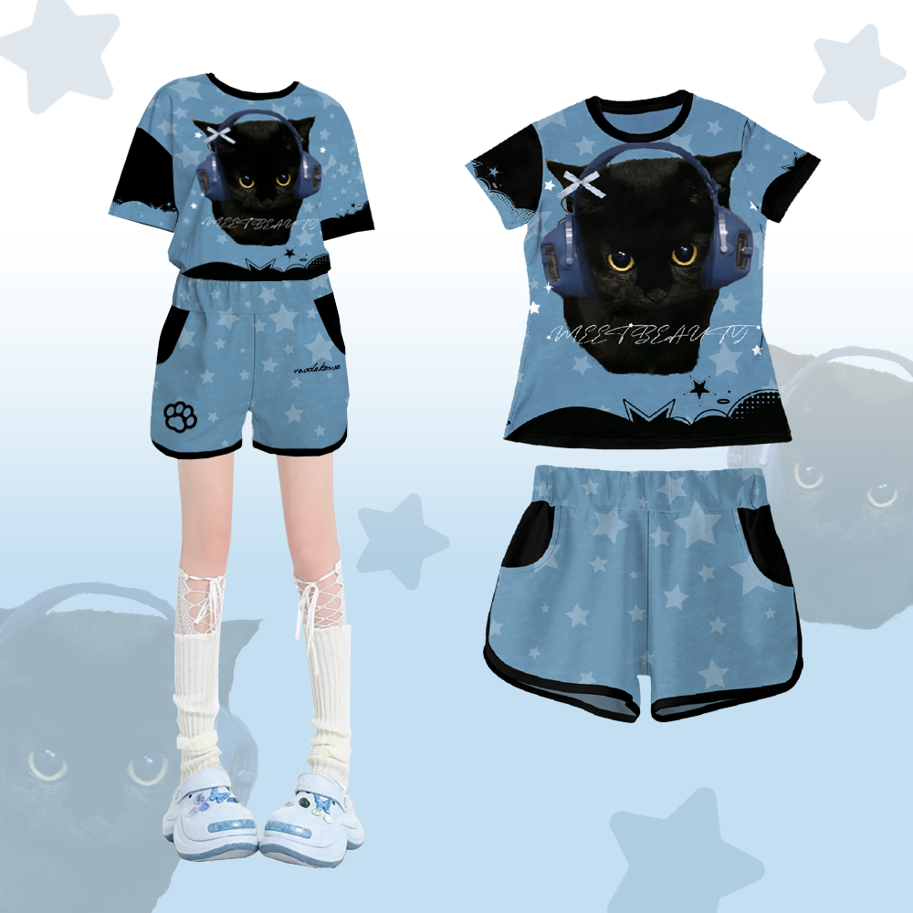 Black Cat Headphones Graphic T-shirt Shorts Modakawa Matching Outfit - Set A - 5XL - image 1