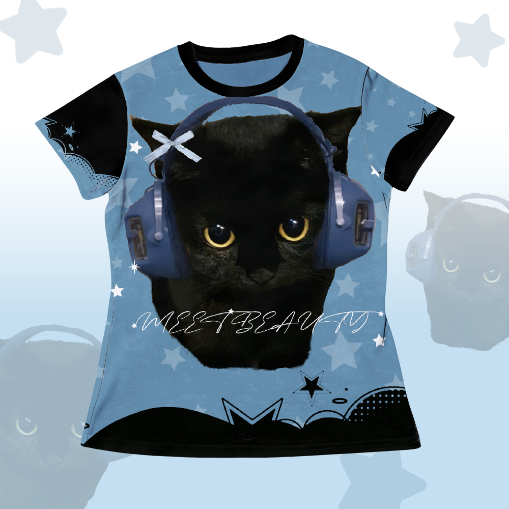 Black Cat Headphones Graphic T-shirt Shorts Modakawa Matching Outfit - T-shirt A - 5XL - image 3