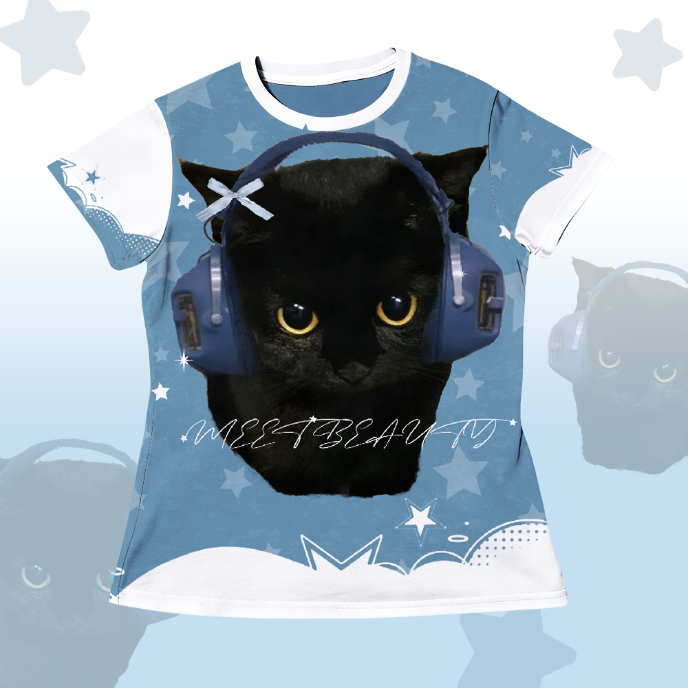 Black Cat Headphones Graphic T-shirt Shorts Modakawa Matching Outfit - T-shirt B - 5XL - image 4