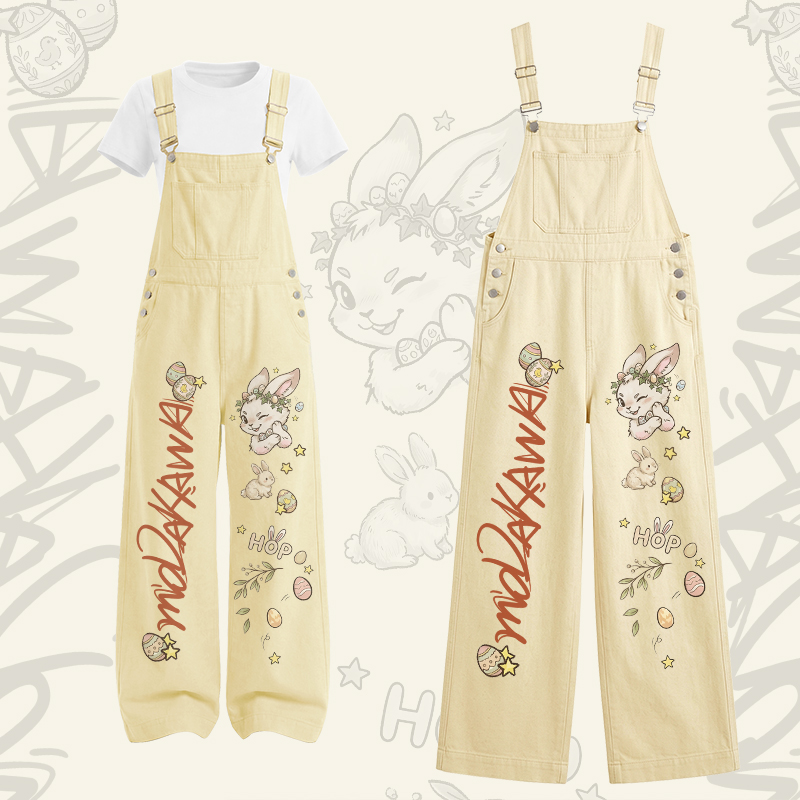 Bunny Graphic U-Neck T-shirt Cargo Overalls Modakawa Two Pieces Set - Set A - XL - image 1