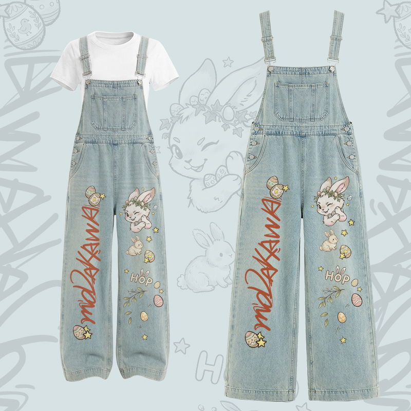 Bunny Graphic U-Neck T-shirt Cargo Overalls Modakawa Two Pieces Set - Set C - XL - image 3