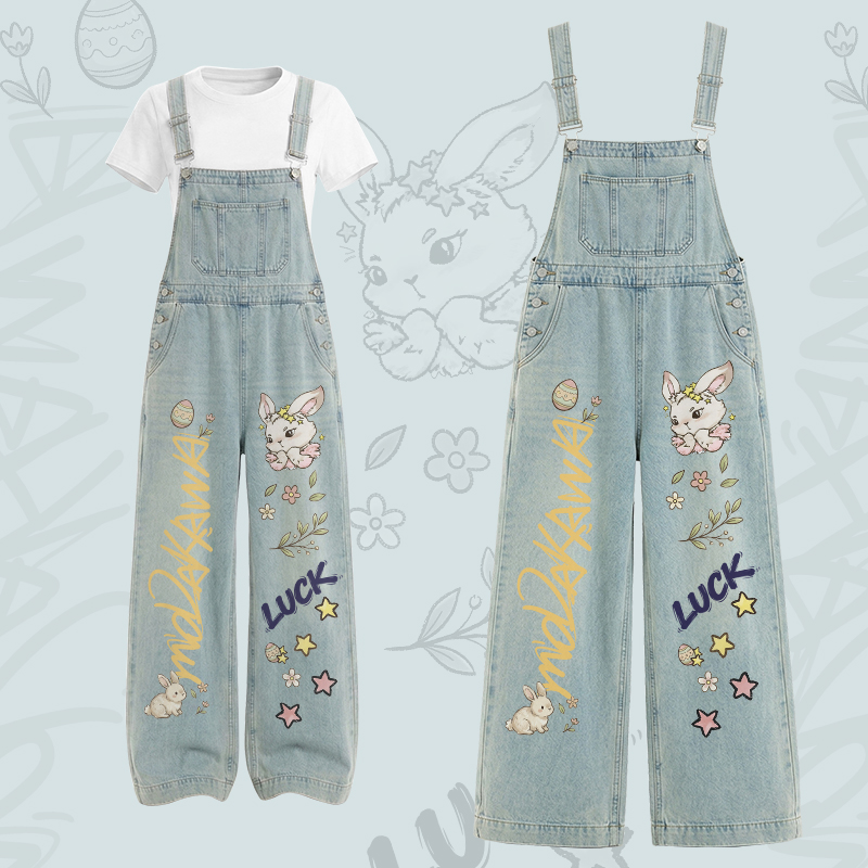 LUCK Bunny Graphic U-Neck T-shirt Cargo Overalls Modakawa Two Pieces Set - Set A - XL - image 1