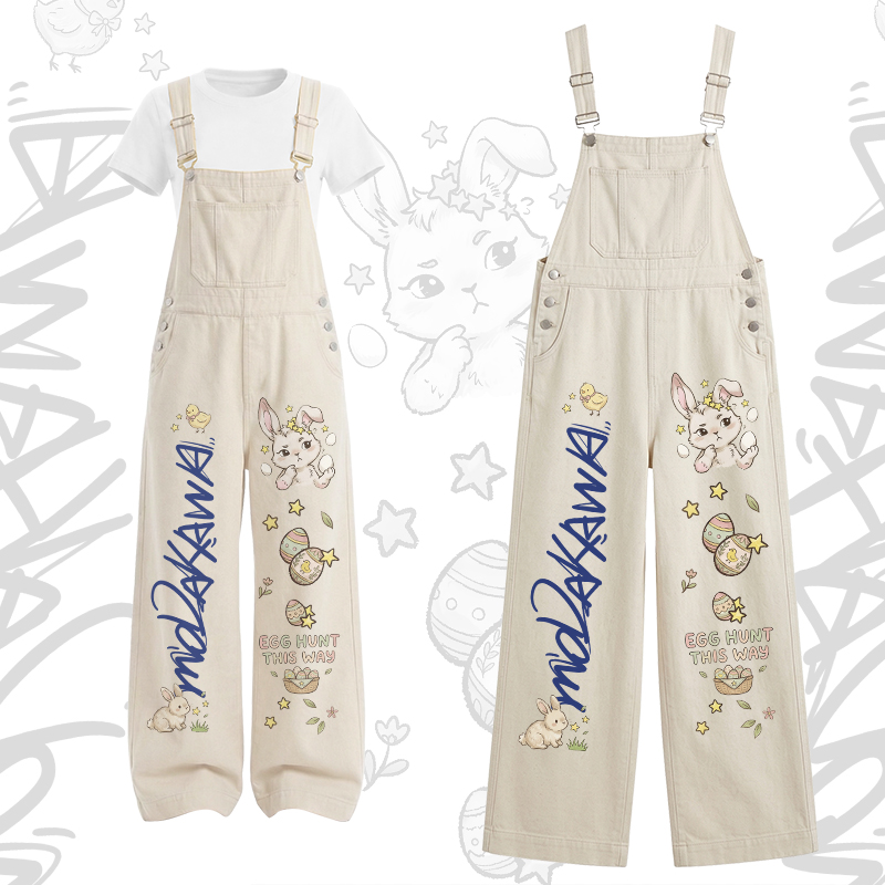EGG HUNT THIS WAY Bunny Graphic U-Neck T-shirt Cargo Overalls Modakawa Two Pieces Set - Set A - XL - image 1