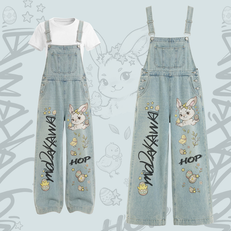 HOP Bunny Graphic U-Neck T-shirt Cargo Overalls Modakawa Two Pieces Set - Set A - XL - image 1