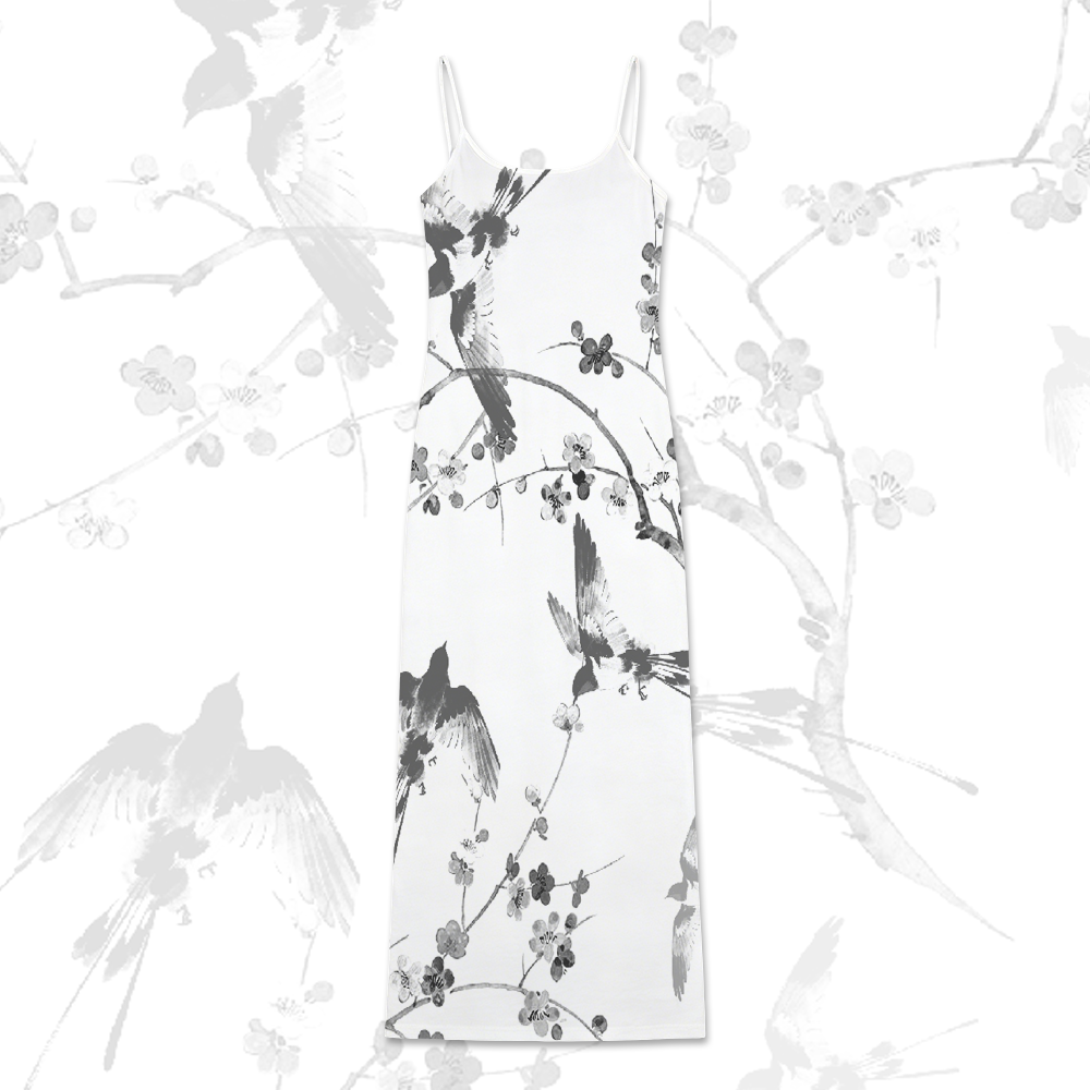 Bird Floral Graphic Modakawa Gradient Slip Dress - Black & White - 5XL - image 2