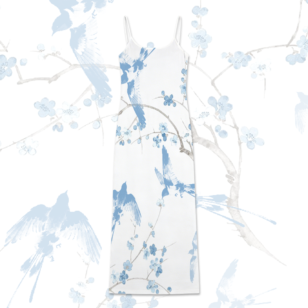 Bird Floral Graphic Modakawa Gradient Slip Dress - Blue & White - 5XL - image 1