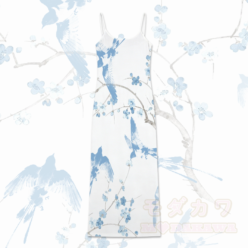 Blue Bird Floral Graphic Modakawa Gradient Slip Dress - Blue & White - 5XL - image 1