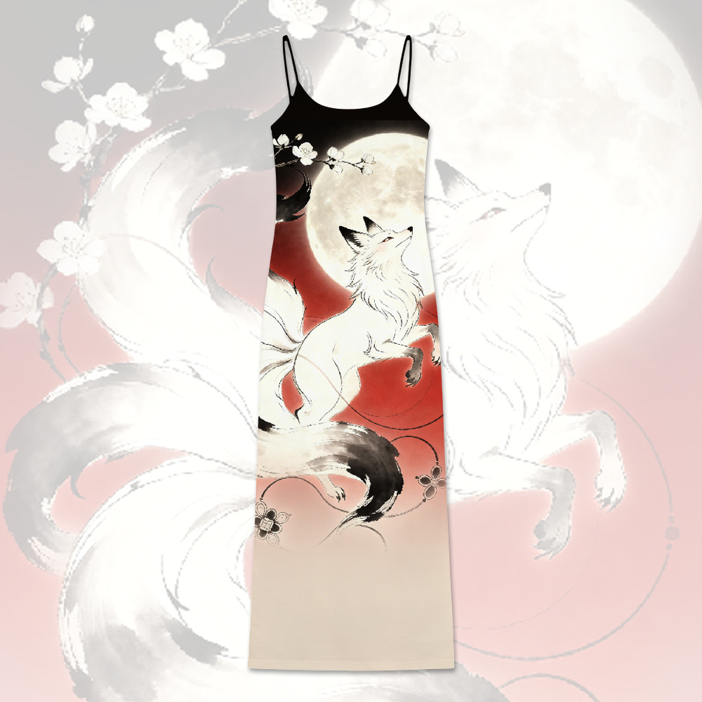Nine Tailed Fox Moon Graphic Modakawa Gradient Slip Dress - Red - 5XL - image 2